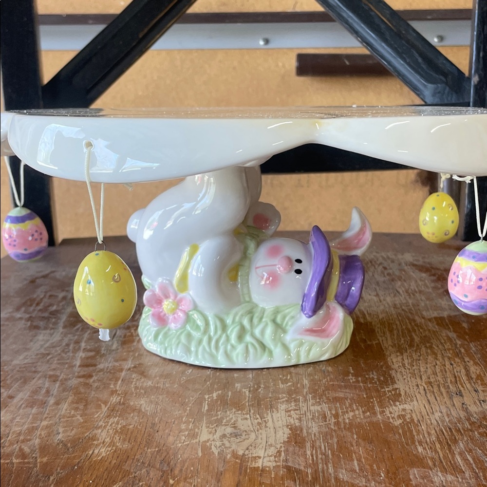 Easter Bunny Ceramic Cake Stand Accent with Hanging Eggs - Pastel Colors